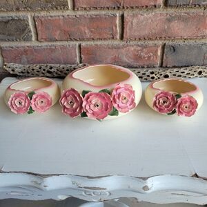 RARE California EverArt Pink Rose Bowl & Candleholders Set